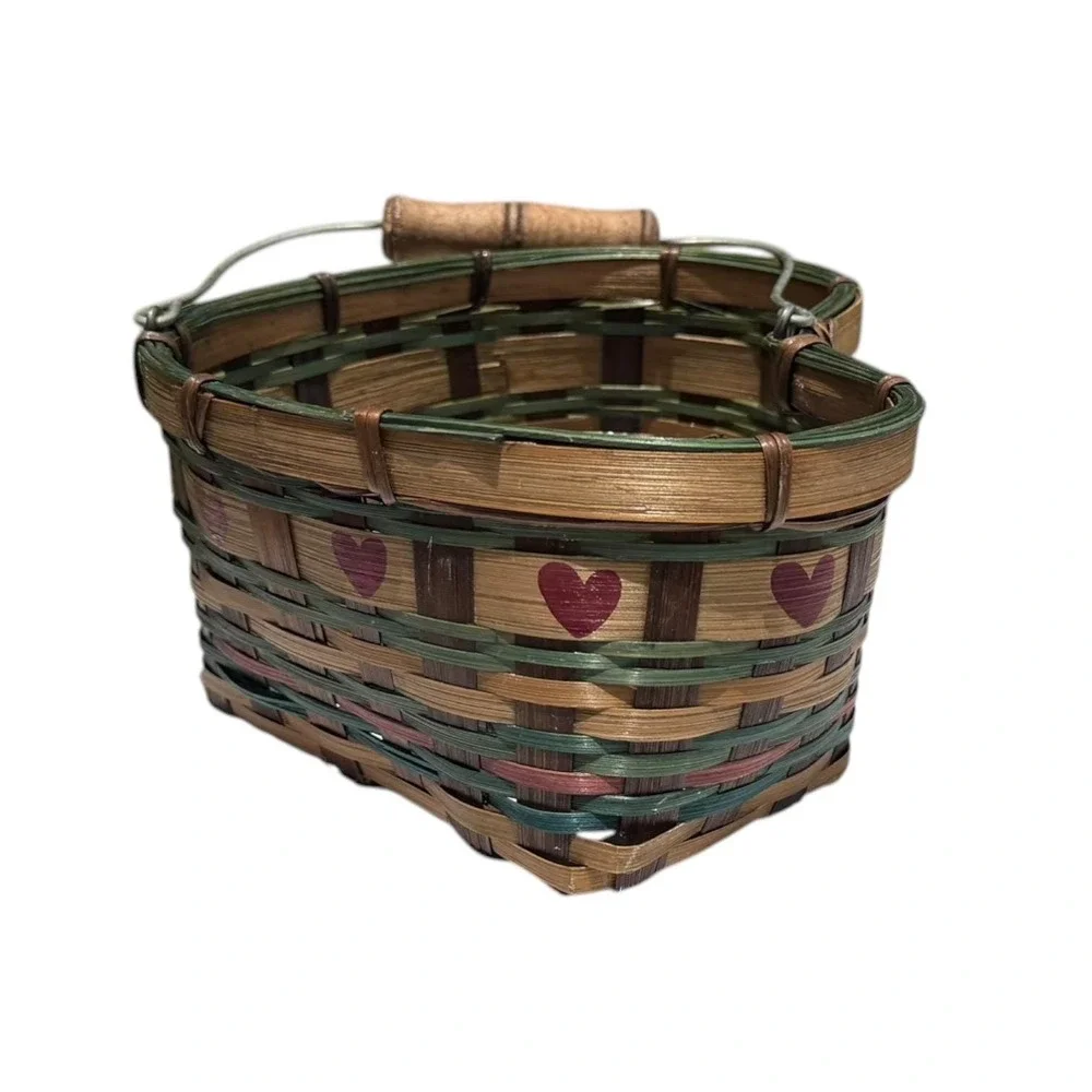 Vintage Heart Shaped Woven Basket Wood Handle Primitive Farmhouse Cottage Decor